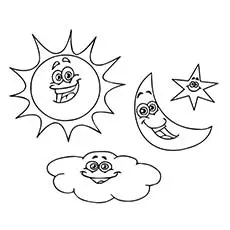 The sun, moon, stars, and cloud coloring page