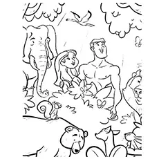 Animals with Adam and Eve coloring pages