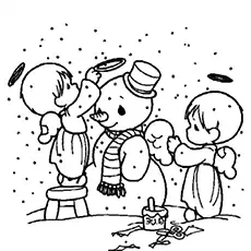 Printable angels building a snowman coloring pages
