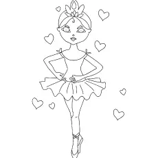 Ballerina with hearts, beautiful ballet coloring page