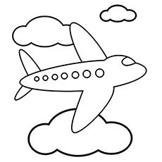 A flying plane amongst clouds coloring page