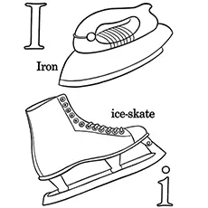 Letter i for ice skate and iron coloring page
