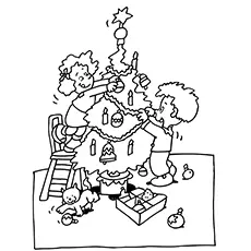 Kids decorating Christmas tree coloring page