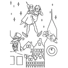 Peter Pan Holding Wendy while John and Michael Fall from sky coloring page