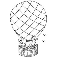 Two kids up in hot air balloon coloring pages