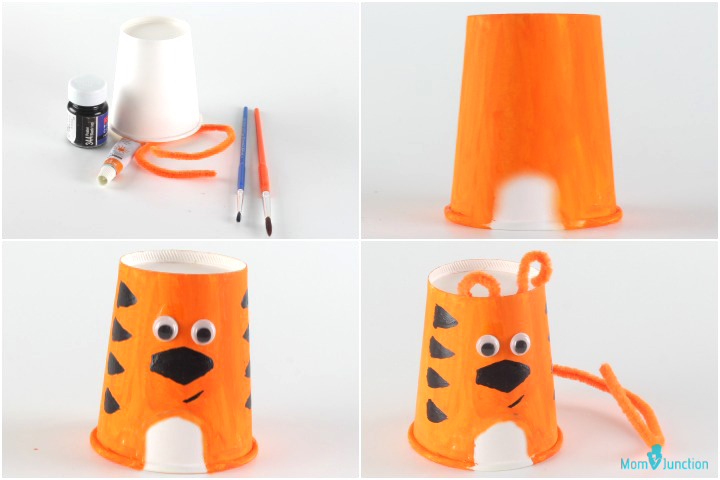 Paper cup tiger themed animal crafts for kids