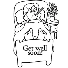 Boy in bed, get well soon coloring page