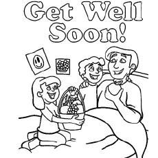 Kids presenting fruit basket to sick father, get well soon coloring page