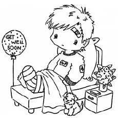 Little boy with broken leg get well soon coloring page