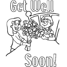 Sister presenting flowers to her brother, get well soon coloring page