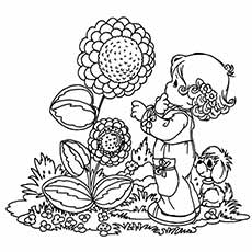 Girl with beautiful flowers in spring coloring pages