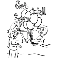 Kids wishing mom to get well soon with balloons coloring page