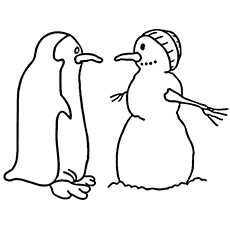 Penguin and the snowman coloring Sheet