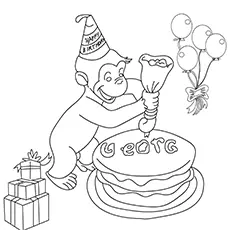 Curious George icing a cake coloring page