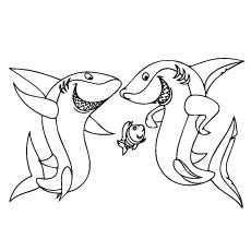 Mighty sharks and funny fish coloring page