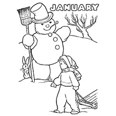Snowman and the sled, January coloring page