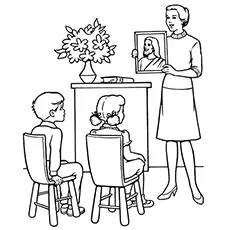 Teacher reading about Jesus coloring page_image