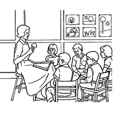 The teacher reading out stories coloring page
