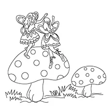 Fairies jumping on mushrooms coloring page