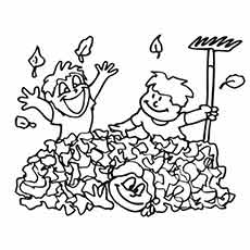 Kids playing in Fall leaves coloring page