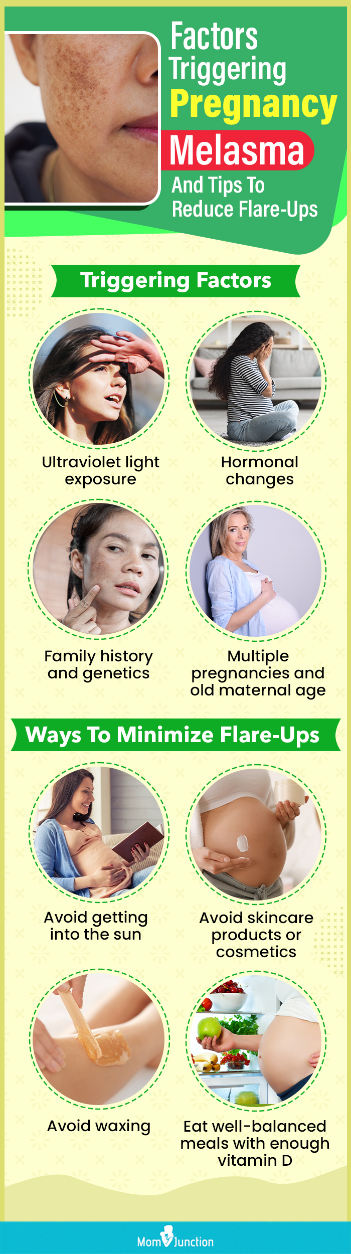 factors triggering pregnancy melasma and tips to reduce flare ups (infographic)