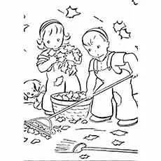 Boy girl and dog cleaning up Fall leaves coloring page