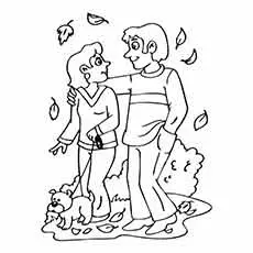 Friends walk through Fall leaves coloring page