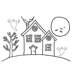 Haunted house with a tree coloring page