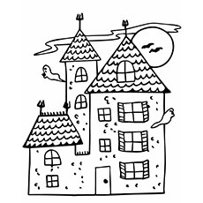 Haunted house with ghosts coloring page
