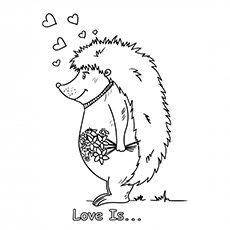 Hedgehog with flowers, Valentines day coloring page