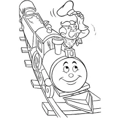 Man on smiling toy train coloring page