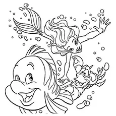 Ariel Flounder And Sebastian underwater swimming coloring page
