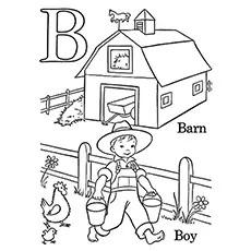 Letter B for barn and boy coloring page
