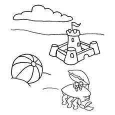 Sand Castle and Crab on Beach coloring page