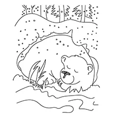 Bear hibernating in winter coloring page
