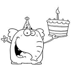 Elephant with birthday cake cartoon coloring page