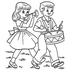 Boy And Girl Playing Instruments on 4th of July coloring page