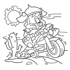 Cartoon character riding a motorcycle coloring page
