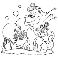 Cat And Dog Celebrating 4th of July coloring page