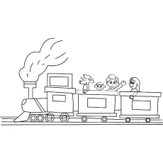 Children enjoying on a toy train coloring page