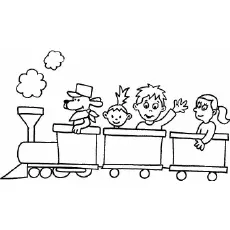 Children on a toy train coloring page