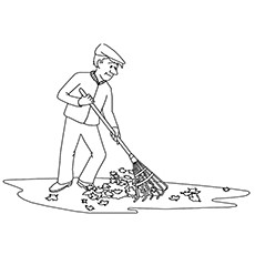 Boy clean up autumn leaf Fall coloring page