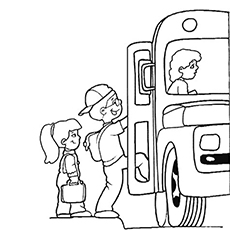 Kids getting on to the school bus coloring page
