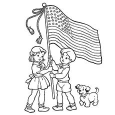 Kids Holding the Flag of USA on 4th of July coloring page