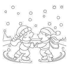 Two friends ice skating in winter coloring page