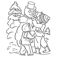Kids making snowman winter coloring page