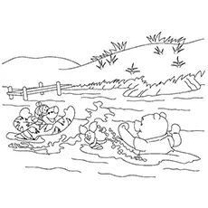 Pooh Piglet And Tigger swimming in the river coloring page