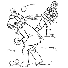 Friends snow fighting in winter coloring page