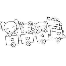 Teddy Bear And Elephant Travelling On Train coloring page