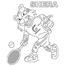 Indian tiger Shera playing tennis coloring page